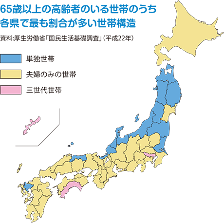 65歳以上の高齢者のいる世帯のうち各県で最も割合が多い世帯構造